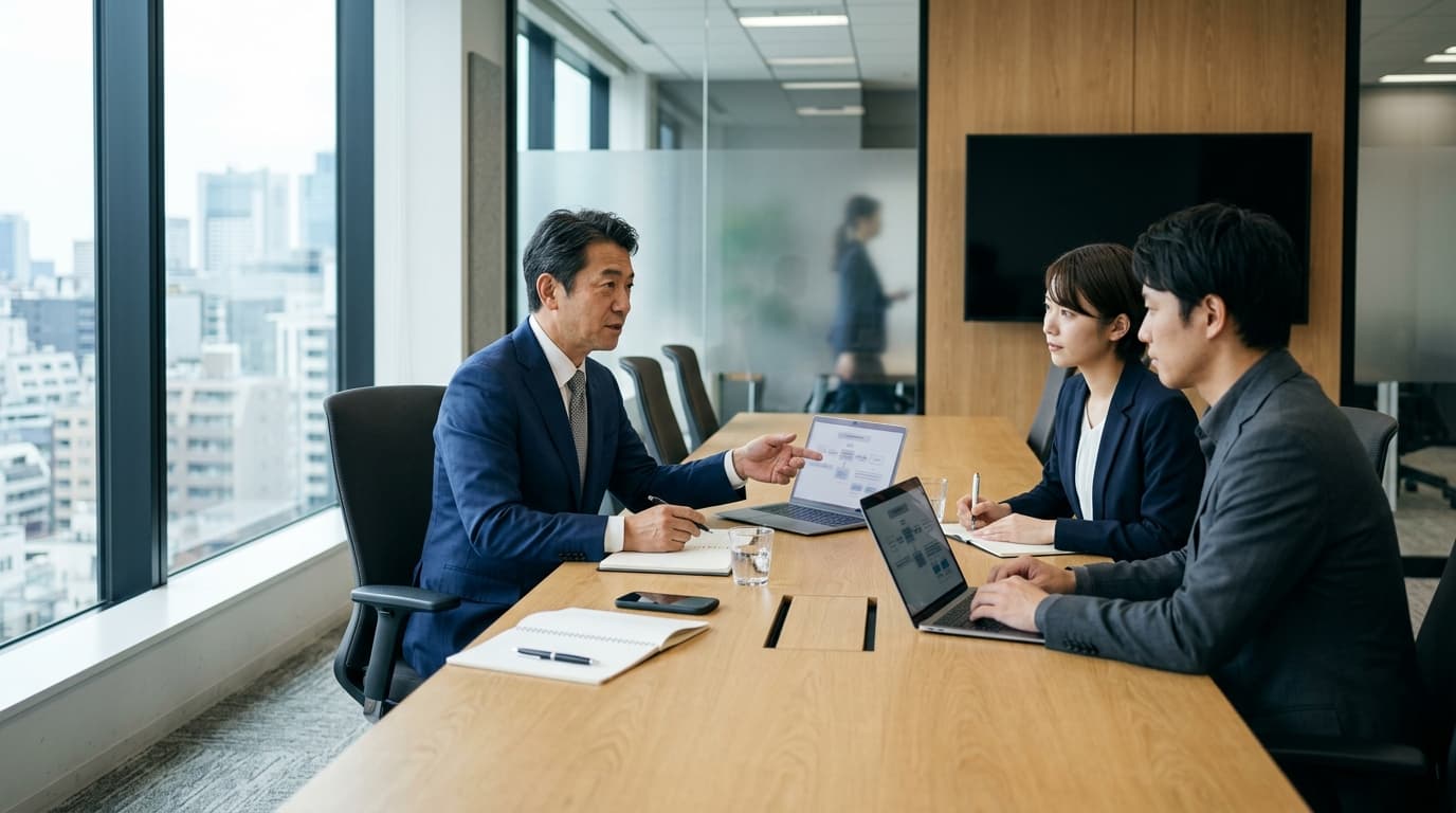 日本のモダンなオフィスで案件の進捗や商談体制について打ち合わせをするビジネスパーソン