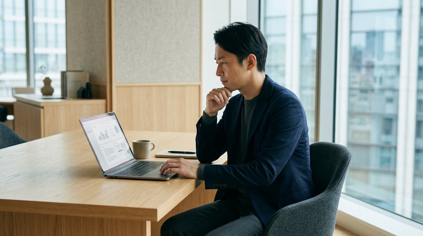 日本のオフィスでノートパソコンを開き、整理された情報をもとに判断を下す経営者
