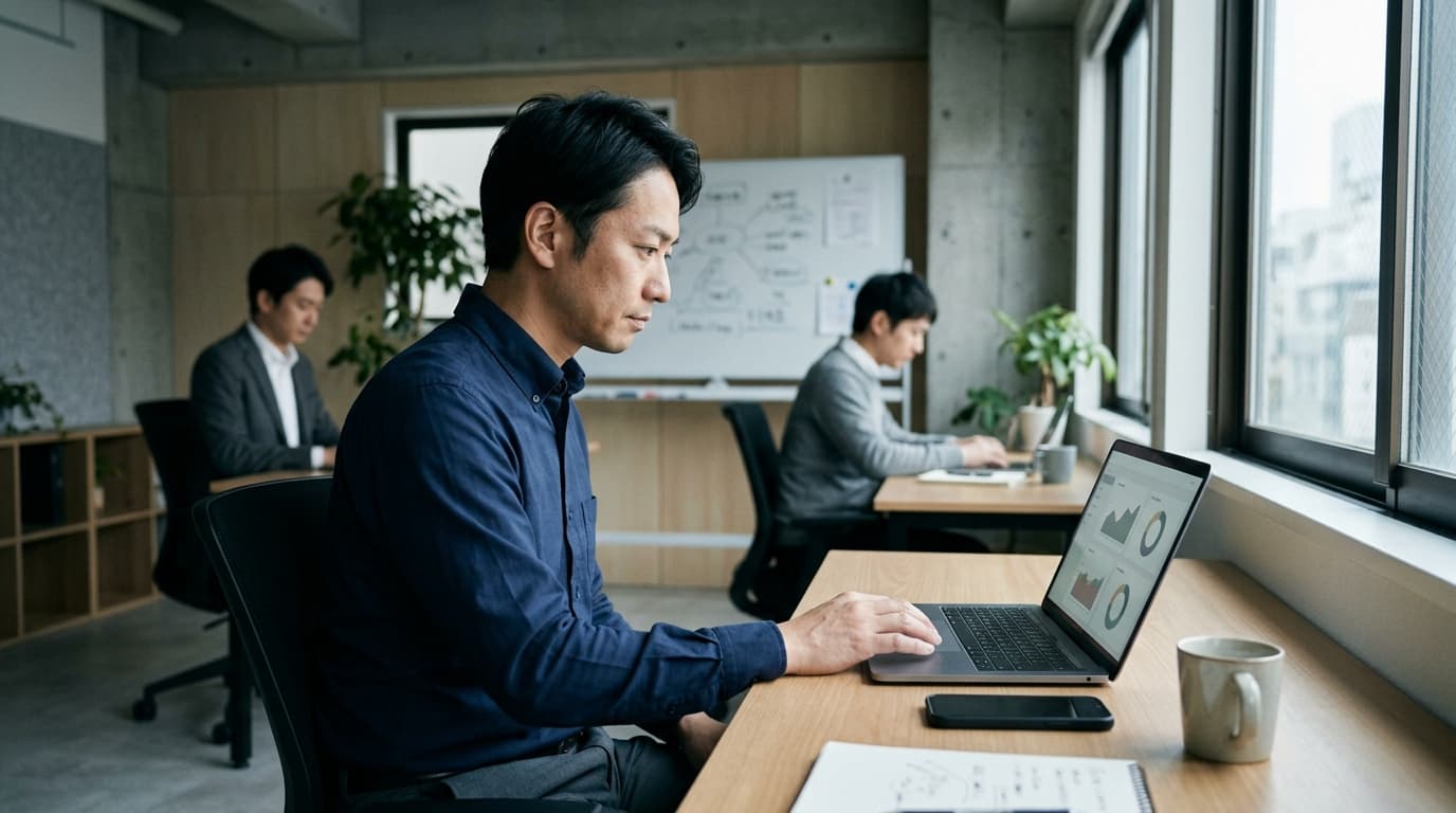 日本のオフィスで、スマートフォンを伏せて置いた経営者がノートパソコンの管理画面を確認し、背景では社員がそれぞれ自分の業務を進めている様子