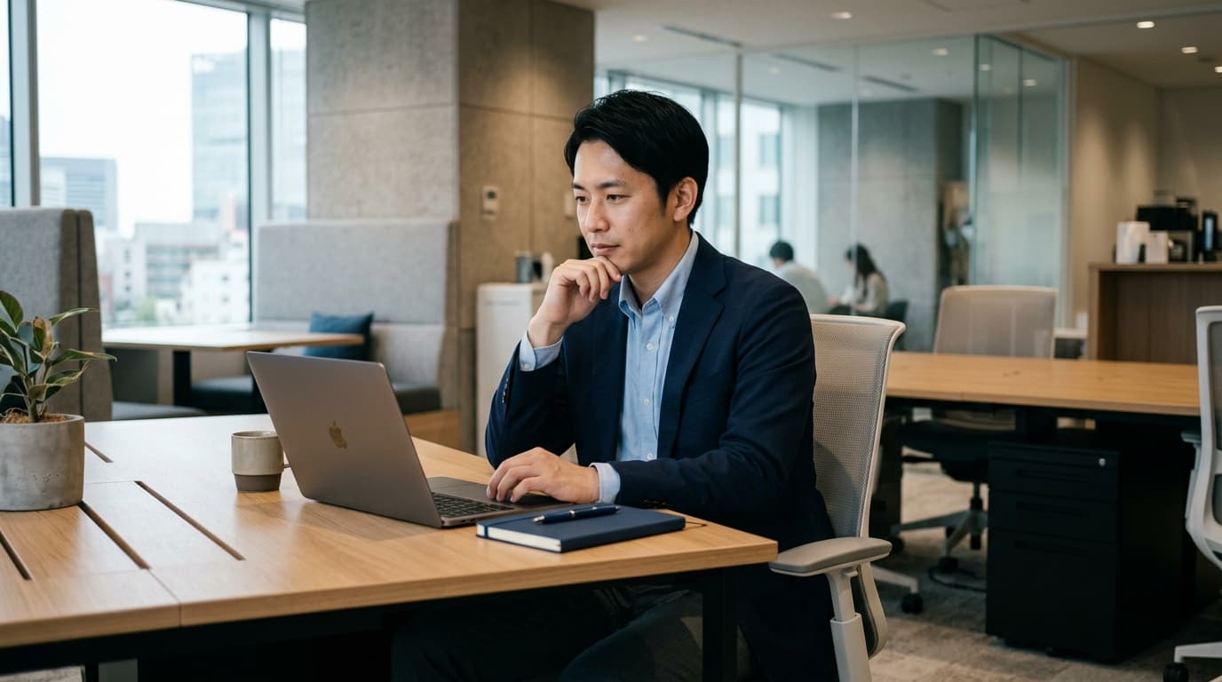 日本のオフィスでノートパソコンを開き、業務フローや進捗データの整理に取り組むビジネスパーソンの様子