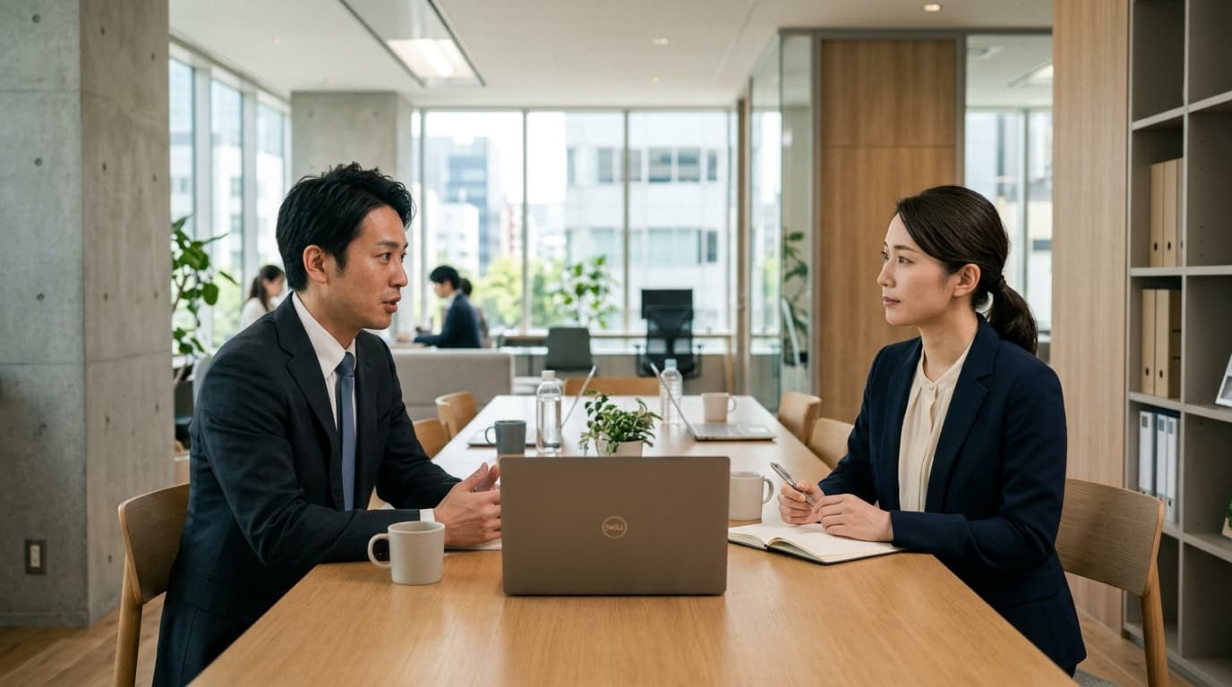 日本のモダンなオフィスで、ノートPCを閉じたまま対話をするビジネスパーソンの様子