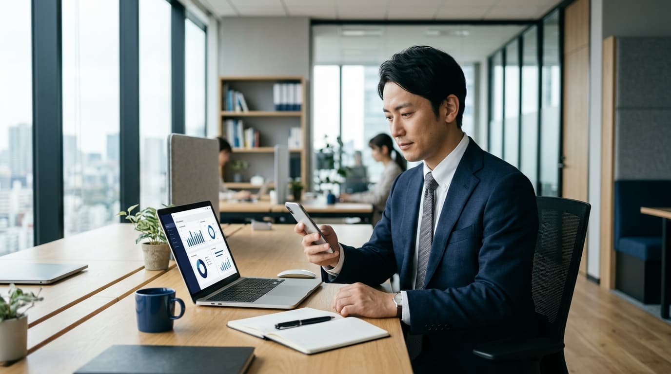 デスクでスマートフォンとパソコンの管理画面を見比べながら業務を整理するビジネスパーソン