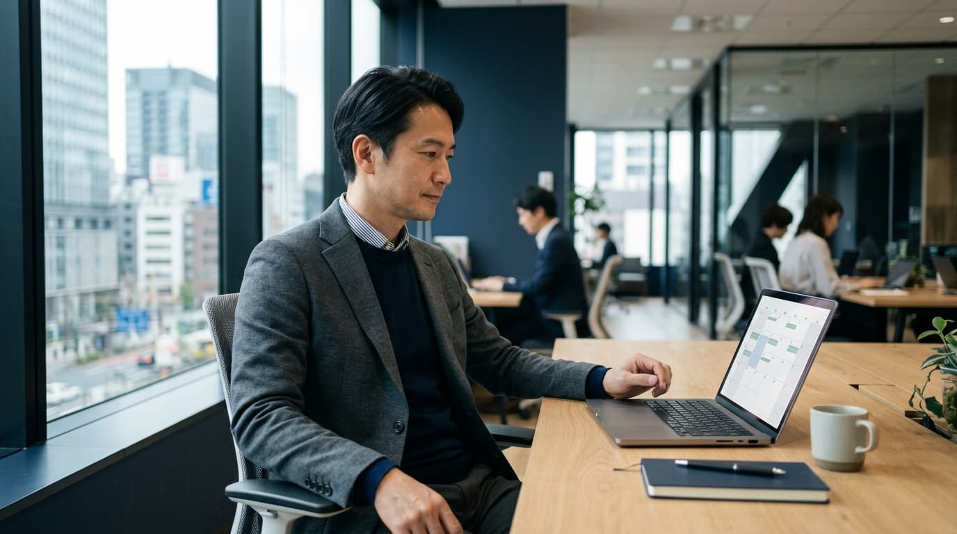 日本のオフィスのデスクでノートPCのスケジュール画面を見つめ、予定を整理している日本人男性経営者