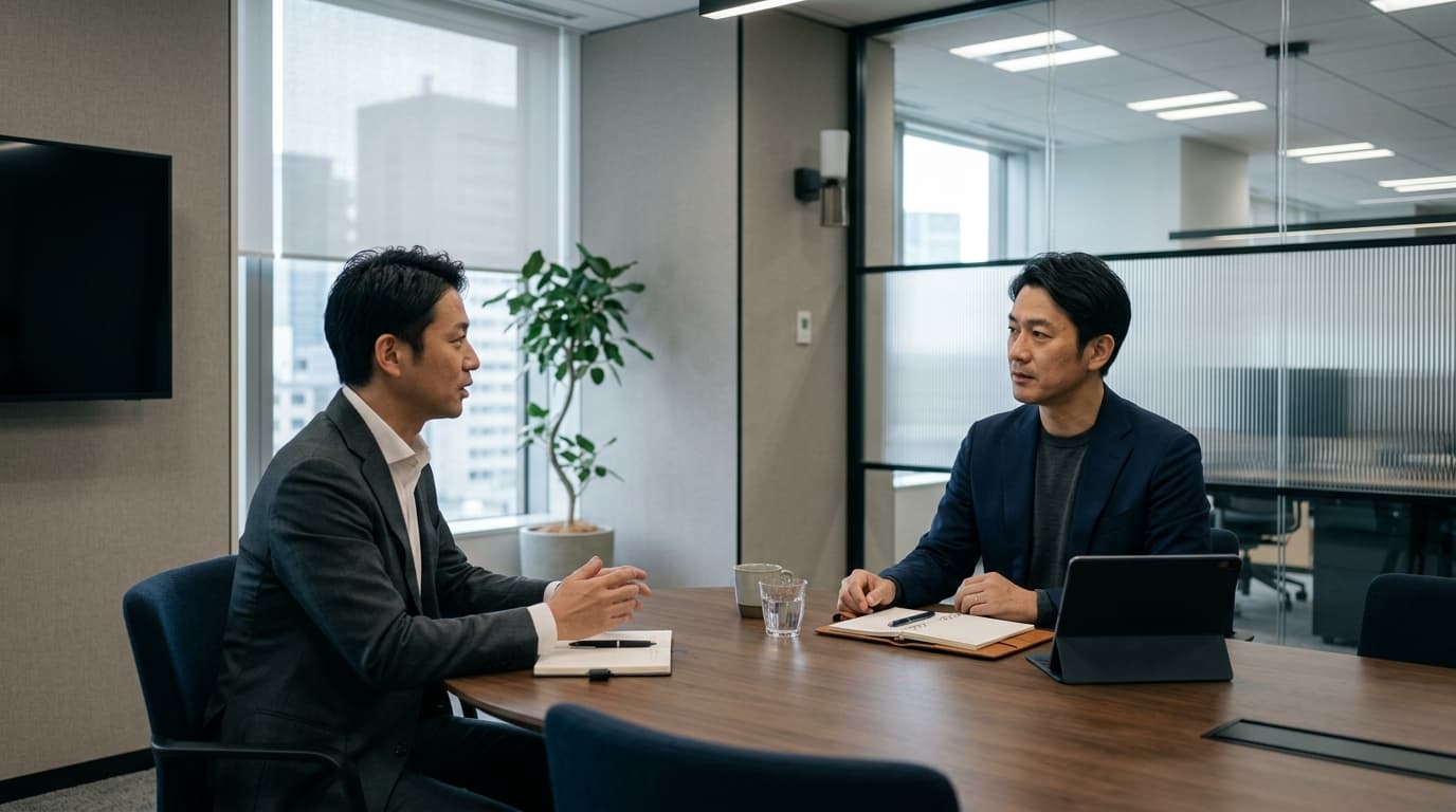 日本のオフィスの会議室で商談相手の懸念点に耳を傾け合意形成を進めるビジネスパーソンの様子