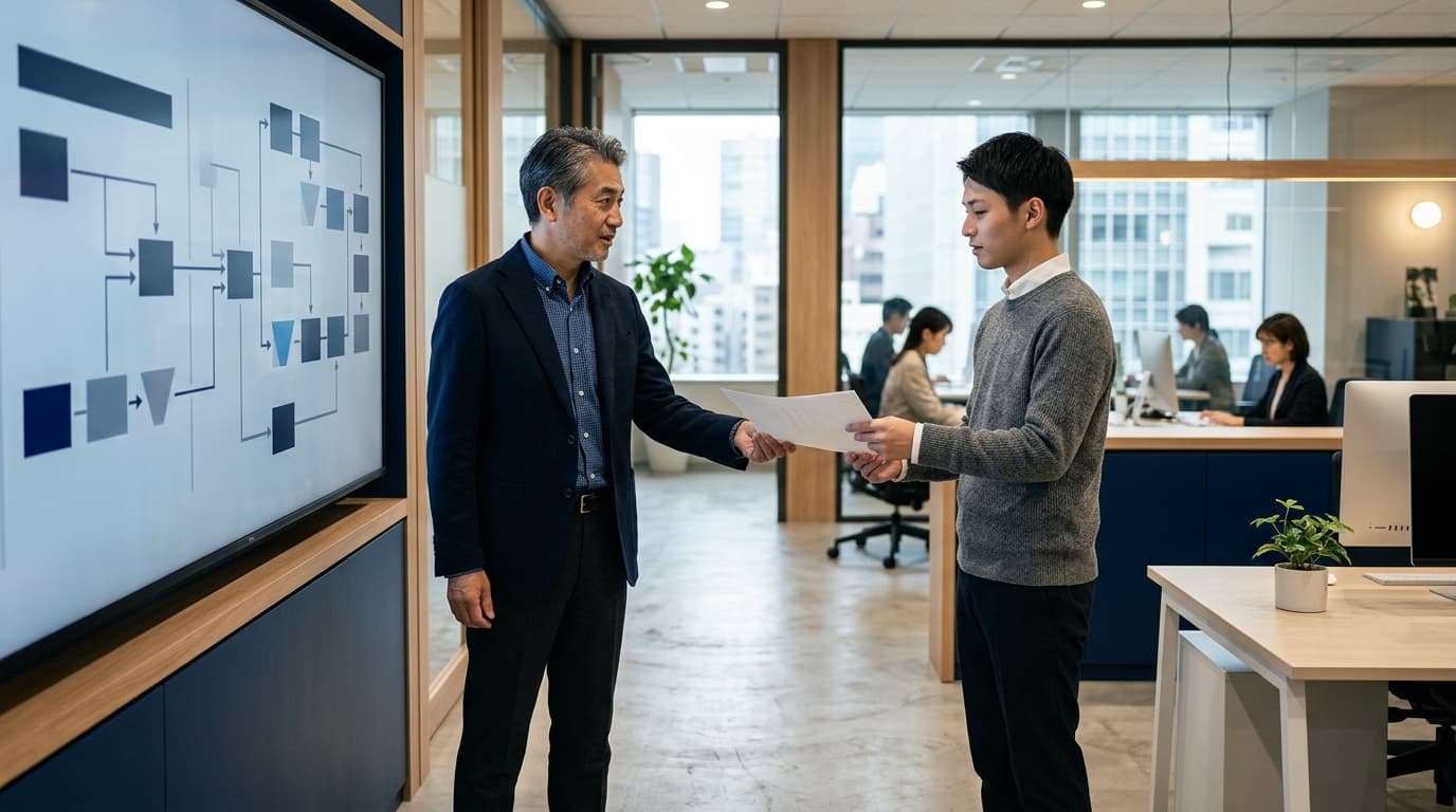 日本のオフィスで商談の切り分けや引き継ぎを行うビジネスパーソンの様子