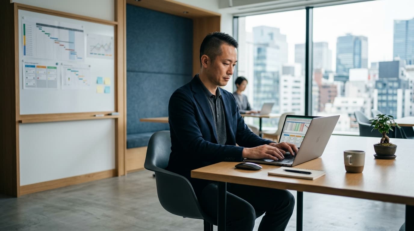 オフィスでノートPCを開き、整理された管理画面を見つめる日本人ビジネスパーソン