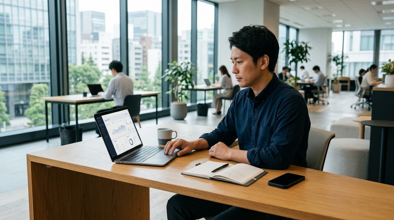 デスクでノートパソコンのダッシュボード画面を見つめながら業務改善を考える日本のビジネスパーソン