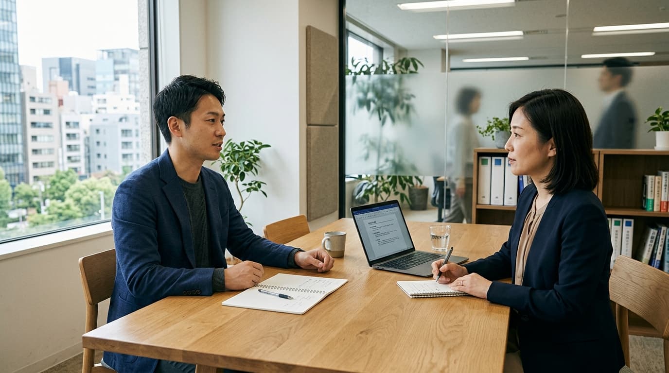 日本のオフィス会議室で、事前に共有されたアジェンダをもとに落ち着いて前提をすり合わせながら商談を行う様子