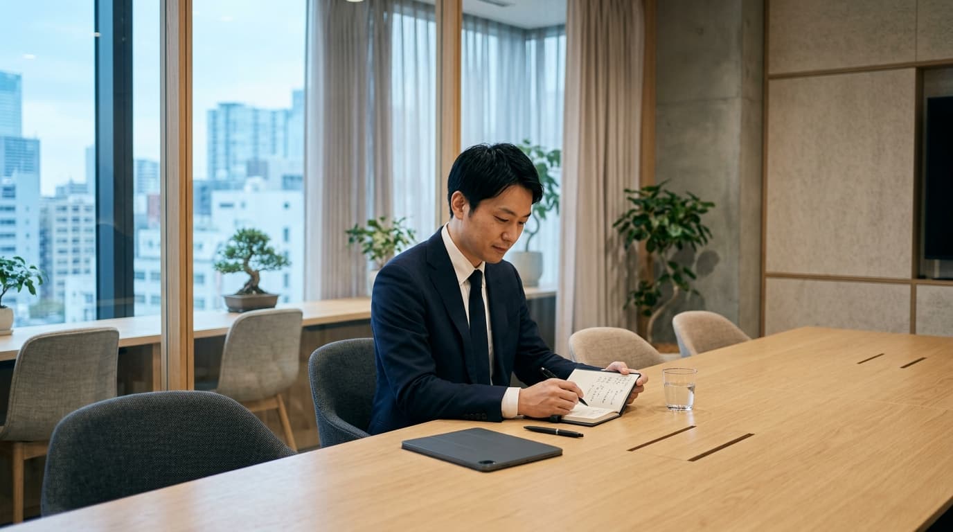 商談前の事前準備としてタブレットやノートを確認している日本の現代的なオフィス風景