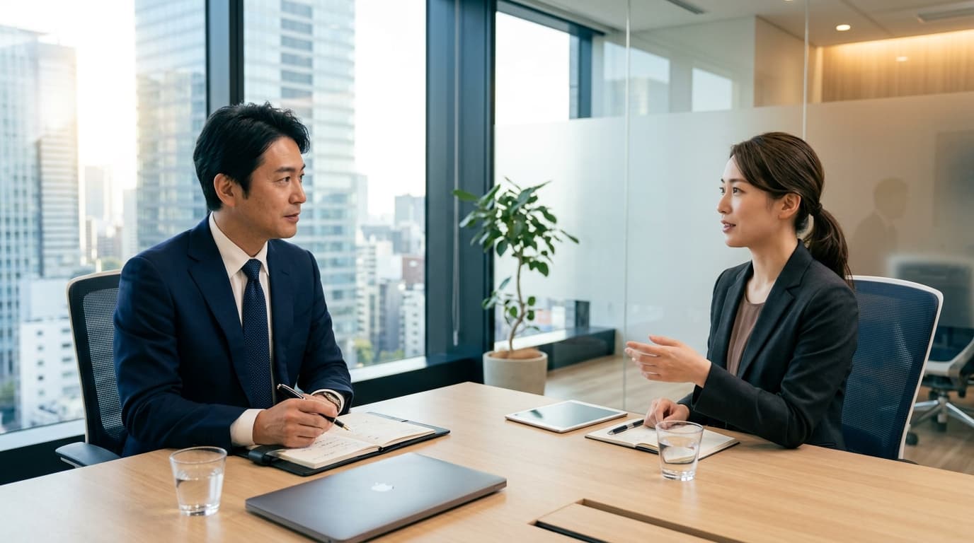 日本のオフィスで、手元のノートにメモを取りながら落ち着いて顧客の話を聞くビジネスパーソンの様子