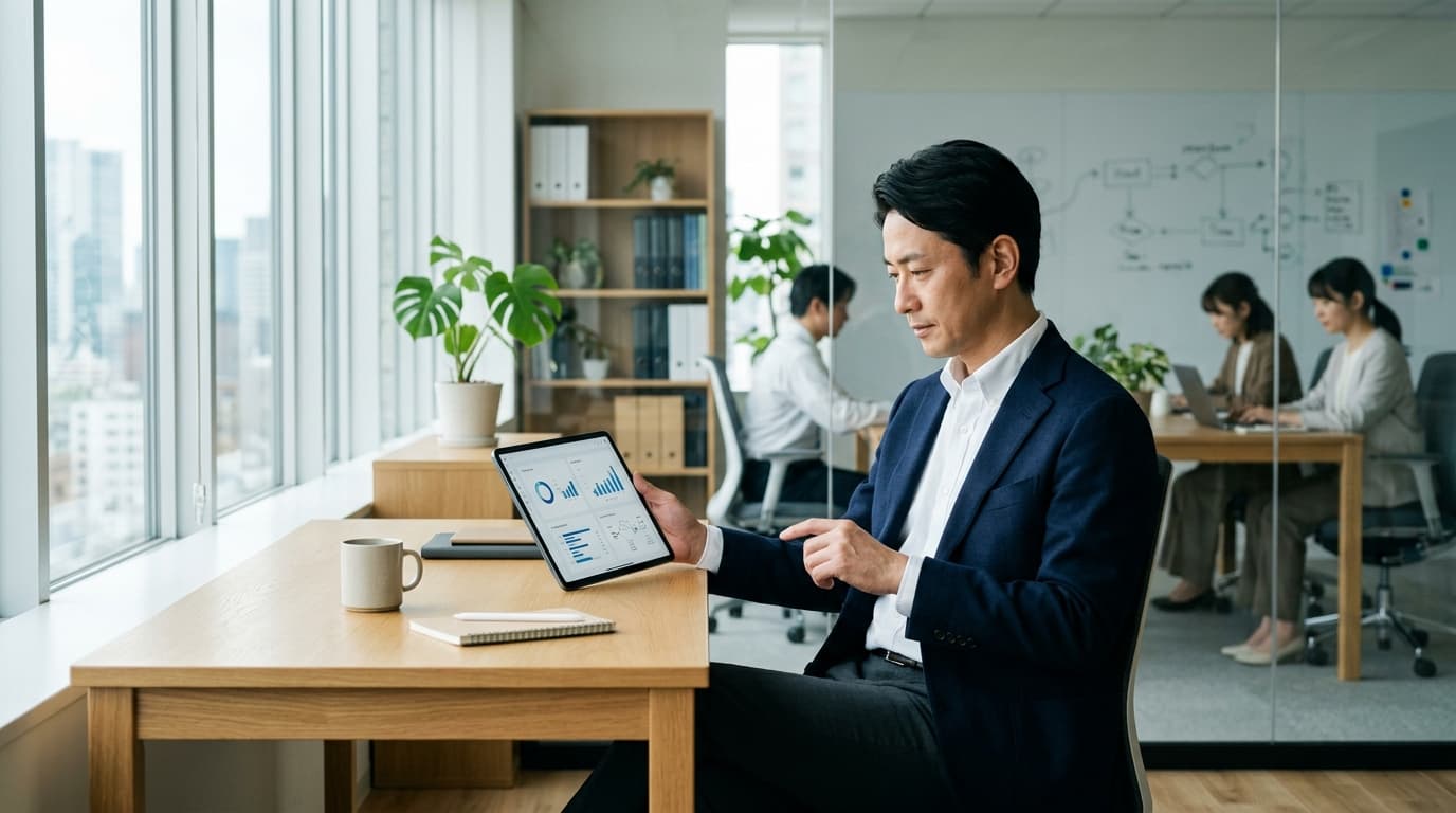明るいオフィスでタブレット端末の進捗管理画面を確認し、業務フローを見直す日本人ビジネスパーソン