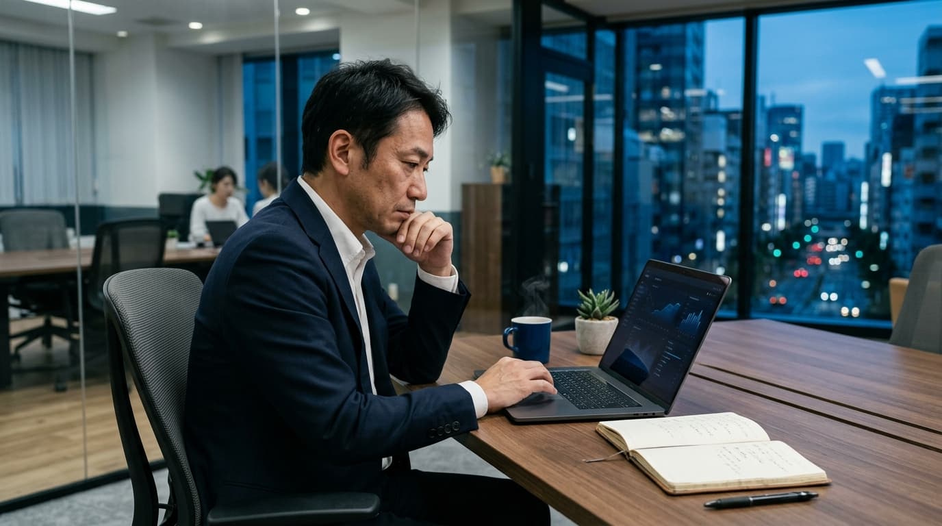 オフィスでノートパソコンの前に座り、業務の仕組み化について思案する日本人経営者