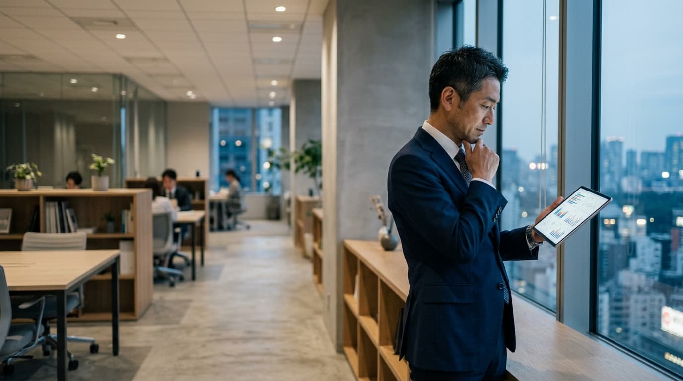オフィスでタブレットの管理画面を確認しながら業務効率化を考える日本人ビジネスパーソン