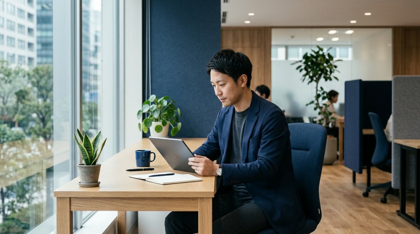 モダンなオフィスでタブレットを見ながら商談の優先順位やスケジュールを整理する日本人ビジネスパーソン