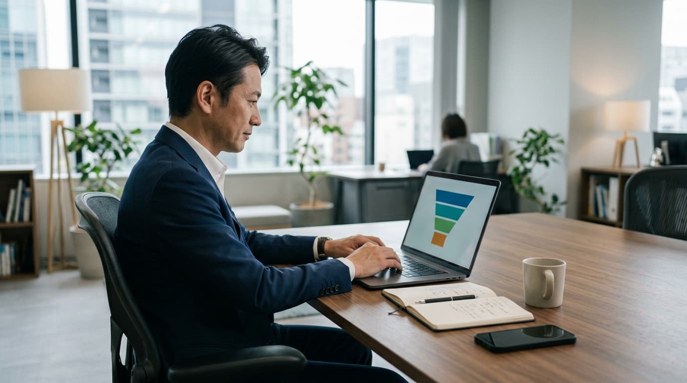 日本のオフィスで、段階ごとに絞り込まれていく図をノートパソコンで確認するビジネスパーソンと、伏せて置かれたスマートフォン