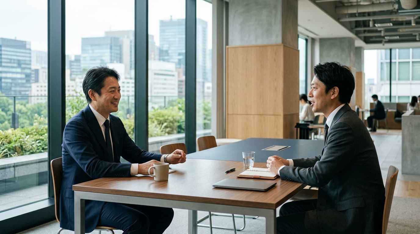 明るい日本のオフィスで落ち着いて商談・面談を行うビジネスパーソンの様子