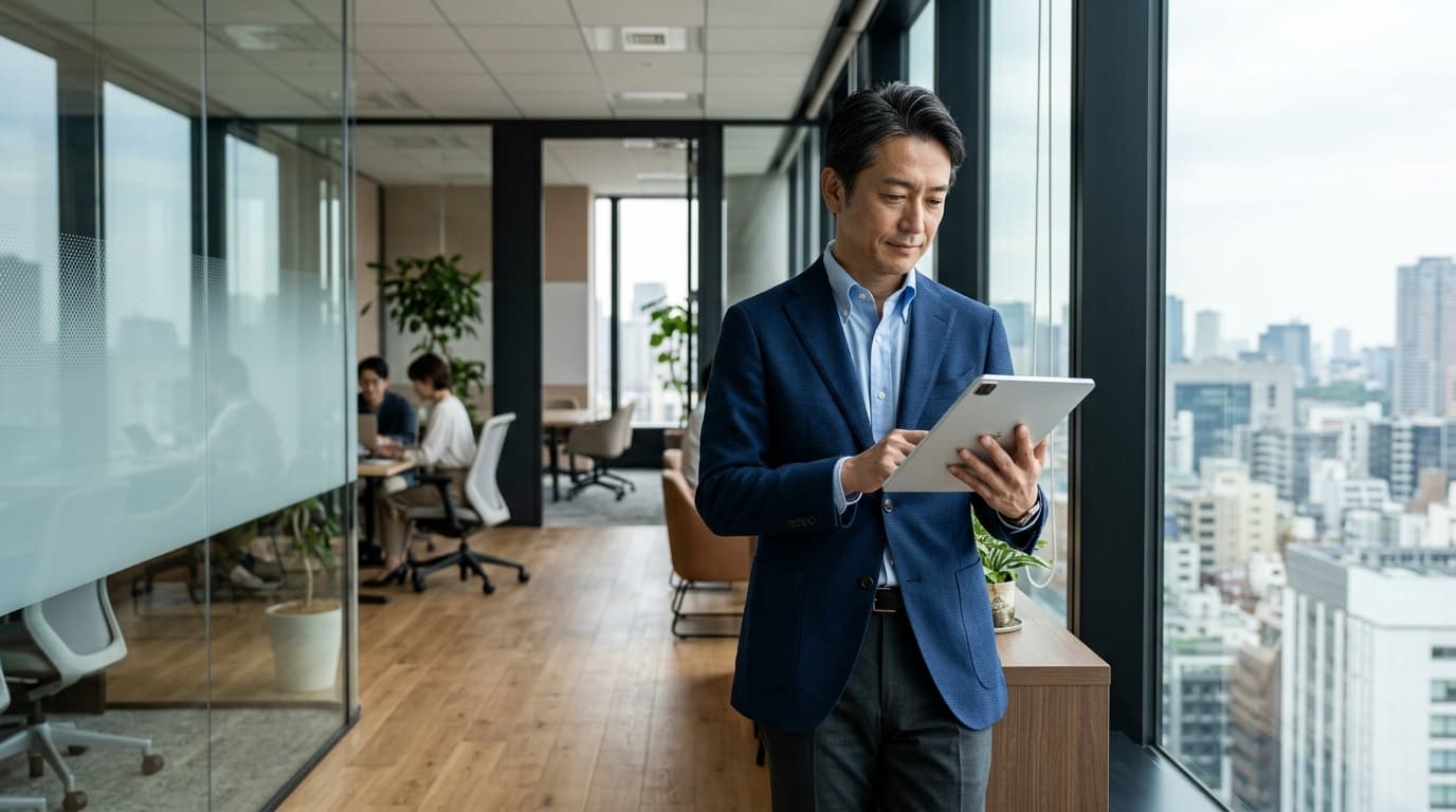 現代的なオフィスでタブレット端末を見ながら進捗状況を確認するビジネスパーソン