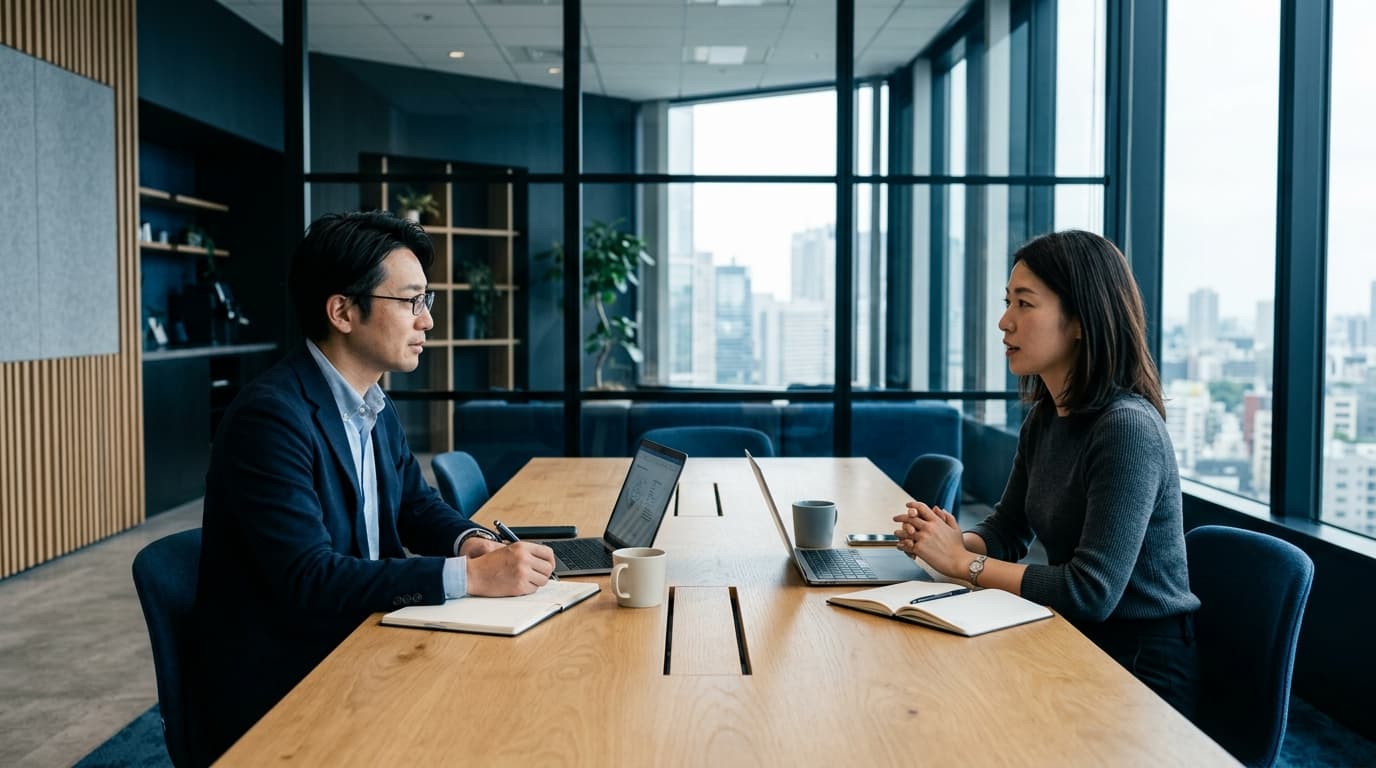 日本のオフィスで落ち着いて商談・打ち合わせを行うビジネスパーソンの様子