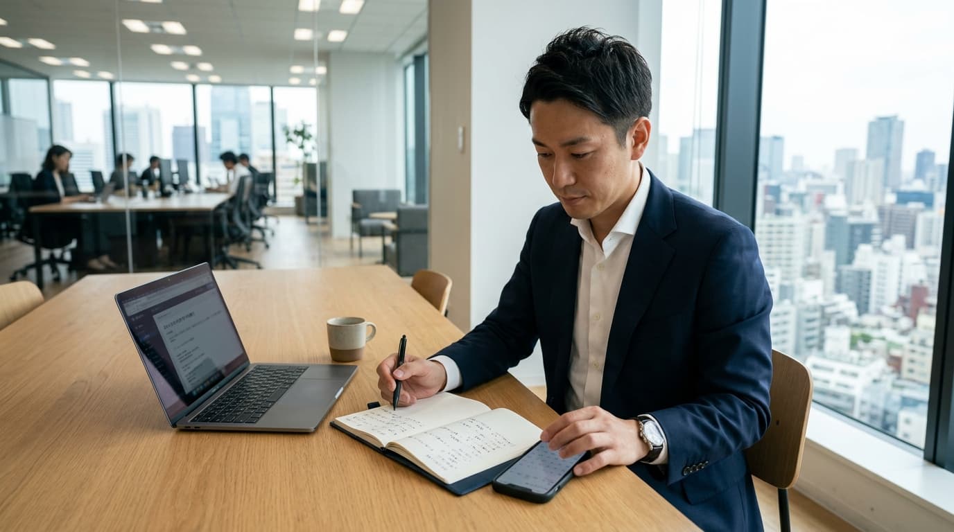 日本のモダンなオフィスで、デスクでスマートフォンとスケジュールを確認しながら思案するビジネスパーソン