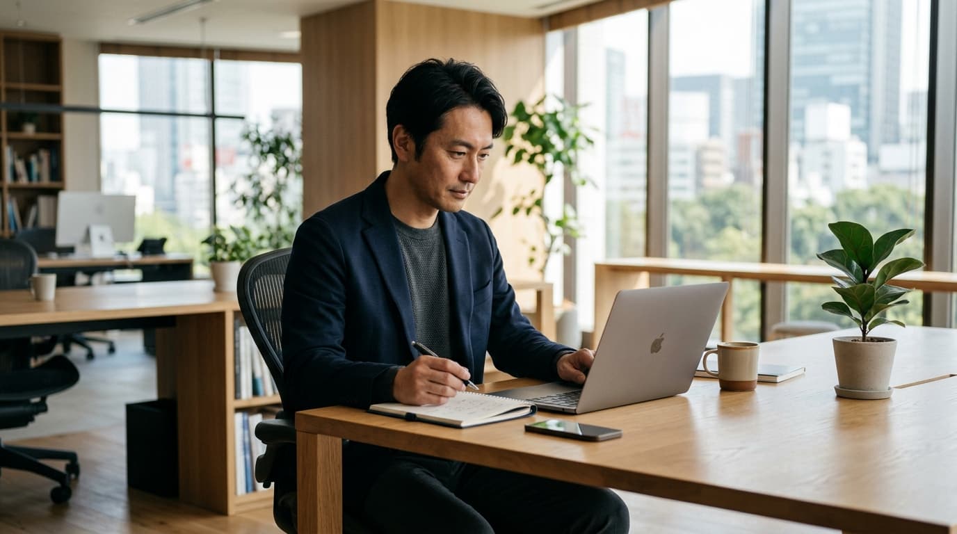 明るいオフィスでノートパソコンを開き、落ち着いて業務設計を考える日本人ビジネスパーソンの様子