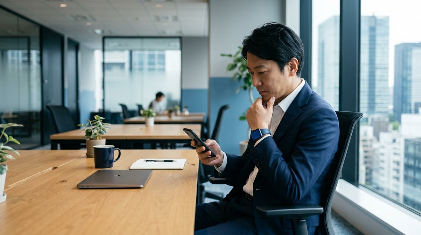 オフィスのデスクでスマートフォンを前に思考を巡らせる日本人ビジネスパーソンの様子