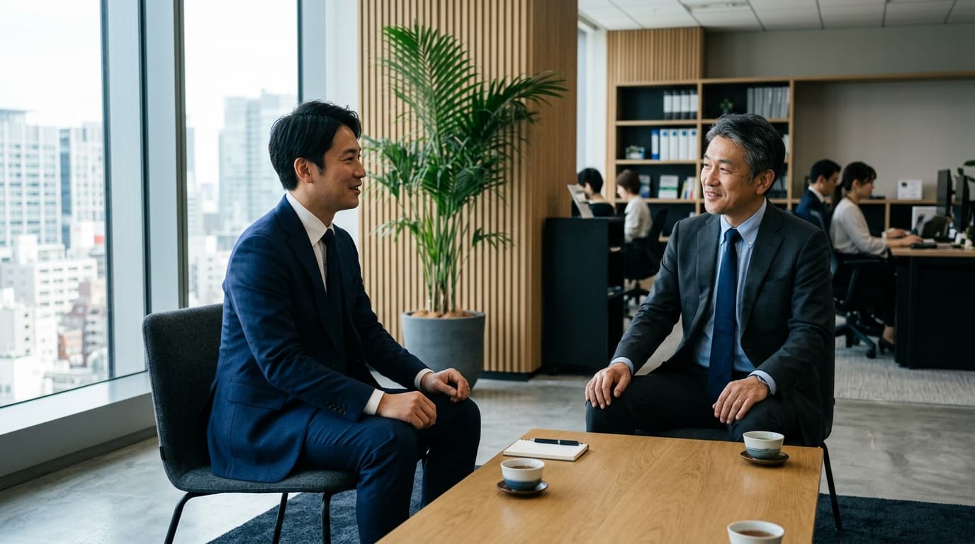 現代的な日本のオフィスで信頼関係を築きながら落ち着いて打ち合わせをするビジネスパーソン