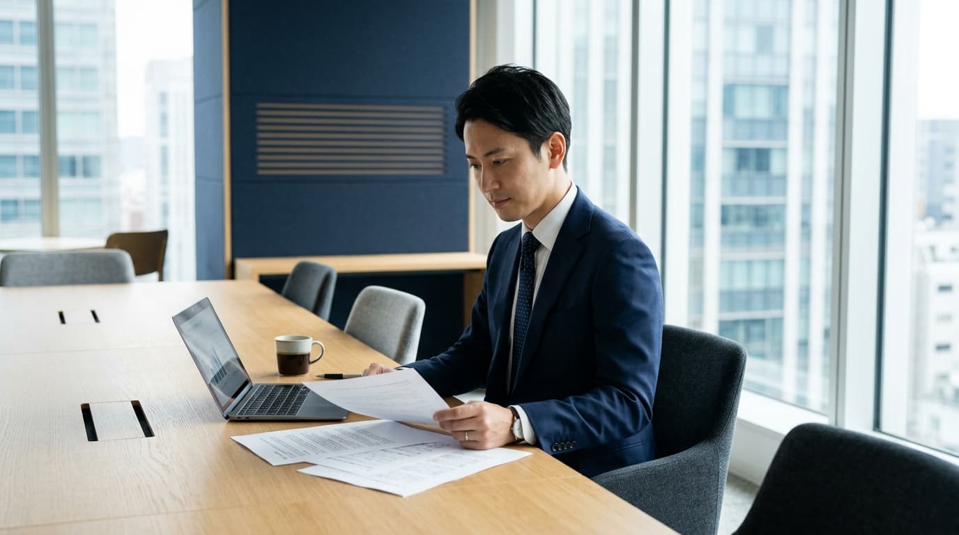 商談前の会議室でアジェンダ資料とPCを確認し事前準備を整える日本のビジネスパーソン