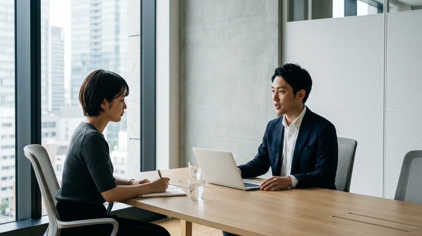日本の現代的なオフィスで、要点を絞って落ち着いた商談を行うビジネスパーソン