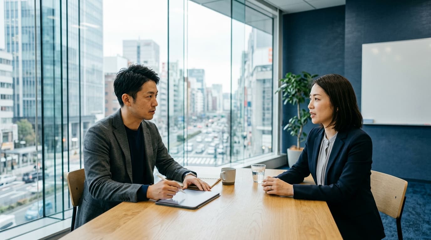 モダンなオフィスで顧客と商談を行いながら次のアクションをメモする日本人ビジネスパーソンの様子
