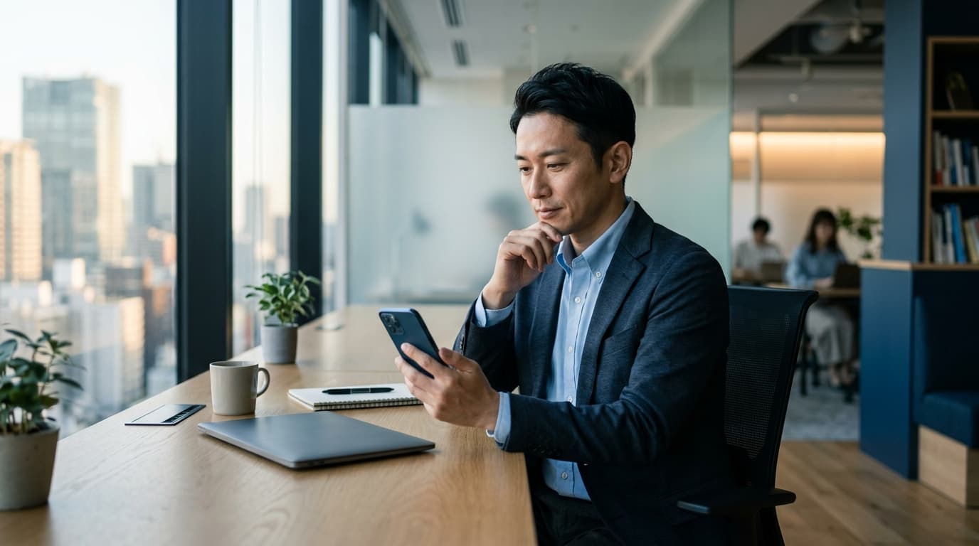 オフィスでスマートフォンを見つめながらスタッフからの連絡や判断業務について考える日本人男性経営者